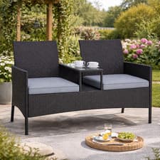 Image of Rattan Garden Loveseat Table Cushioned 2 Seater Patio Sofa Steel Frame