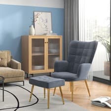 Image of Armchair with Footstool Button Tufted Accent Chair w/ Steel Legs