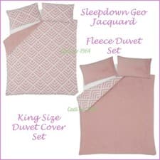 Image of Sleepdown Teddy Fleece King Size Duvet Cover Set in Blush Pink NEW Geo Jacquard