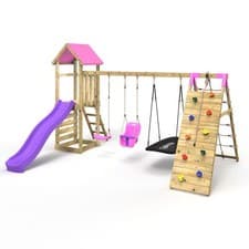 Image of Rebo Challenge Wooden Climbing Frame with Swings, Slide & Climbing wall