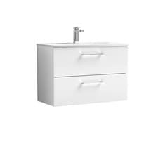 Image of Nuie Arno Gloss White 800mm Wall Hung 2 Drawer Vanity Unit and Curved Ceramic Ba