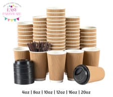 Image of Disposable Coffee Cups Paper Kraft Ripple Cups & Lids Hot Drinks Triple Layer