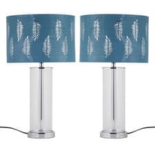 Image of Set of 2 Modern Chrome & Glass Table Lamp Bedside Lights Teal Fern Shades