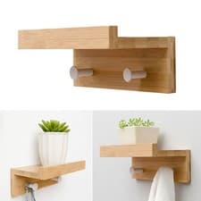 Image of Wall Mounted Ledge Storage Rack with Hooks Bamboo Bathroom Shelving Unit
