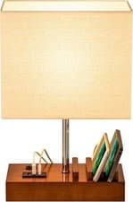 Image of Briever USB Bedside Table Lamp with 3 Charging Ports and Walnut Wood Phone Dock