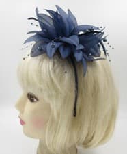 Image of Navy flower beading feather fascinator headband weddings, party races .b18