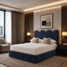 Image of Plush Velvet Ottoman Storage Upholstered Bed Frame with Scalloped Wave Headboard