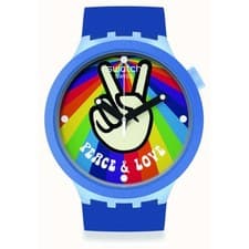 Image of Swatch Big Bold Peace And Love Blue Silicone Strap Watch SB03N105