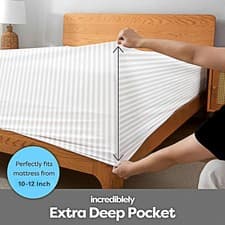 Image of Luxury Cotton Satin Stripe Flat Fitted Sheet Top Hotel Quality Soft Bedding Set
