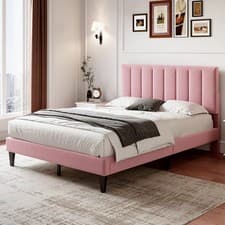 Image of 4ft6 Double Upholstered Velvet Bed Frame, With Adjustable Channel Tufted Headboa
