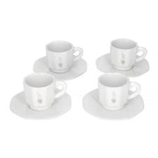 Image of 4 Bialetti Moka Perfetto Porcelain Espresso Cups & Saucers White & Silver 75ml