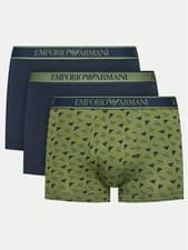 Image of Emporio Armani 3 Pack Trunks Stretch Cotton - Blue / Green Pattern / Blue