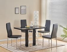 Image of Dining Table Set Black Glass and High Gloss Rectangle 4 Faux Leather Chairs