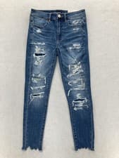 Image of American Eagle Jeans Womens 6 Blue Hi-Rise Jegging Crop Distressed Raw Hem Rips