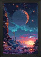 Image of SciFi Planet Pixel Art Framed Wall Art Poster Canvas Print Picture