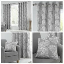 Image of "Matteo" 100% Cotton Botanical Palm Leaf Grey Eyelet Lined Curtains OR Cushions