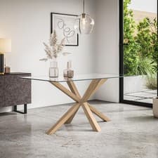 Image of Rectangular Glass Dining Table 160cm Solid Oak Legs 4-6 Seater