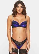 Image of Ann Summers Infatuation Purple & Black Bra 36D Thong 12
