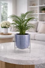 Image of Glazed Round Pot & Raised Metal Stand Rack Modern Plant Pot Holder Home Decor
