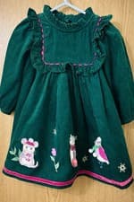 Image of Lovely Baby Girl Teal Corduroy Monsoon Embroidered Dress Size 6-12 Months