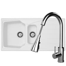 Image of Liquida CMP15WH 1.5 Bowl White Kitchen Sink With KPO11CH Chrome Pull Out Tap