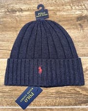 Image of NEW Polo Ralph Lauren Merino Wool Blend Beanie Navy BLUE Red PONY ONE SIZE NWT
