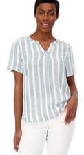 Image of Denim & Co. Naturals Linen Blend Mandarin Collar Top w/Button Deep Aqua Medium A