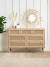 Image of Birlea Croxley 7 Drawer Rattan Chest | Natural Woven Front | Gold Handles