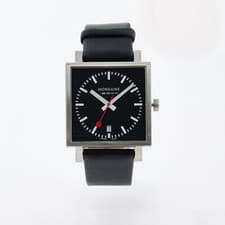 Image of Mondaine Evo Big Square Watch, Black Face and Leather, Date, A661.30343.14SBB