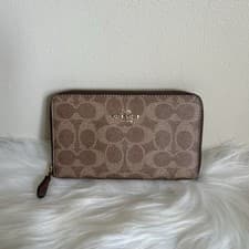Image of Coach CW781 Medium ID Zip Wallet Signature Canvas Tan Brown Monogram Gold Tone