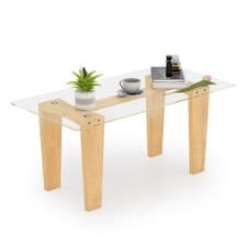 Image of Natural Wood and Glass Coffee Table 100cm Rectangular Minimalist Design