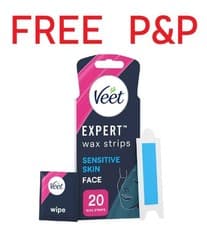 Image of Veet Expert Cold Wax Strips FACE Hair Removal Sensitive Skin 20 Strips + 4 Wipes