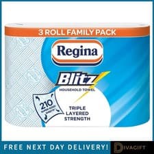Image of 3 ROLL REGINA BLITZ 3PLY KITCHEN ROLL FAMILY PACK PAPER TOWELS 210 SHEETS NEW