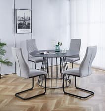 Image of Dining Table Set, Large Grey Round Table (120cm) with 4 High Back Fabric Chairs