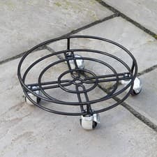 Image of 32cm Black Metal Garden Flower Plant Pot Trolley on Castor Wheels
