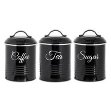 Image of Retro Set of 3 Black Tea Coffee Sugar Canister Air Tight Pots Kitchen Storage