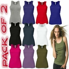 Image of PACK OF 2 LADIES VEST WOMENS COTTON STRETCHY RIBBED T-SHIRT CAMI CASUAL TANK TOP