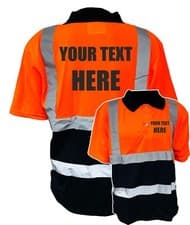Image of CUSTOM PRINTED ORANGE & NAVY HI VIS VIZ POLO SHIRT SAFETY WORKWEAR TOP,