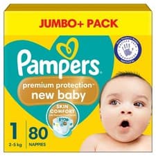 Image of Pampers New Baby Size1 Nappy 2-5Kg Premium Protection Soft Jumbo+Pack 80 Nappies