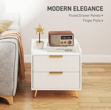 Image of White Bedside Table 2 Drawers Nightstand Side Cabinet with Metal Frame Modern Be