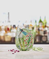 Image of Enesco Lolita Stemless Wine Glass 4.53” Dragonfly, Love Cat, Birthday Bash New
