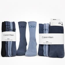 Image of Calvin Klein Men’s Crew Socks 3 Pack Blue Black Grey Cotton CK Logo One Size