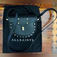 Image of AllSaints Miro Mini Saddle Bag Black Studded Leather NWT + Dust Bag