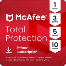 Image of McAfee Total Protection 1, 3, 5, & 10 Device 1 Year Auto-Renewal - Digital
