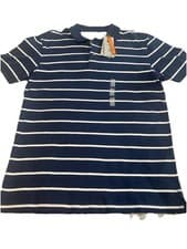 Image of M&S NWT Mens Navy White Striped Polo Shirt Size Sml 38” Cool Cotton Stay New