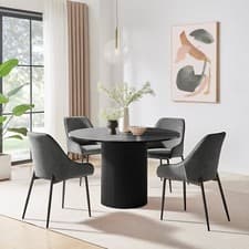 Image of Penrose Black 120cm Round Dining Table & 4 Beaumont Fabric Dining Chairs Scandi