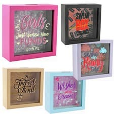 Image of WOODEN MONEY BOX FRAMED GLASS FUND SAVING GIFT PIGGY BANK SAFE COINS CASH NEW