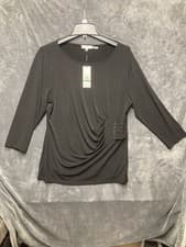 Image of NEW Calvin Klein Black Faux Wrap Side Ruched Top L Metal Detail Stretchy Career