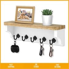 Image of Elegant Wooden Wall Key Holder with Floating Shelf and 5 Hooks 11.4x3.5x2.8in