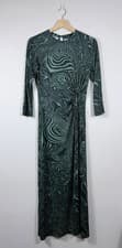 Image of Stradivarius Green Abstract Print Maxi Dress Cut Out Long Sleeve Bodycon Large